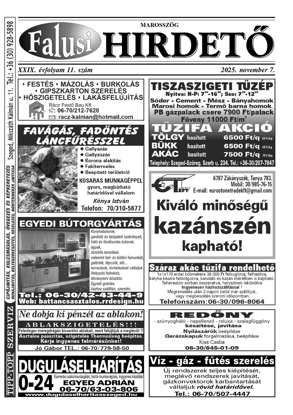 A Falusi Hirdető címlapja – Marosszög, 2025. november 7.