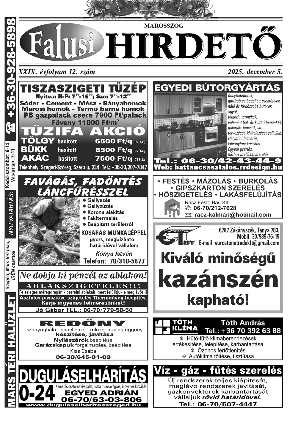 A Falusi Hirdető címlapja – Marosszög, 2025. december 5.
