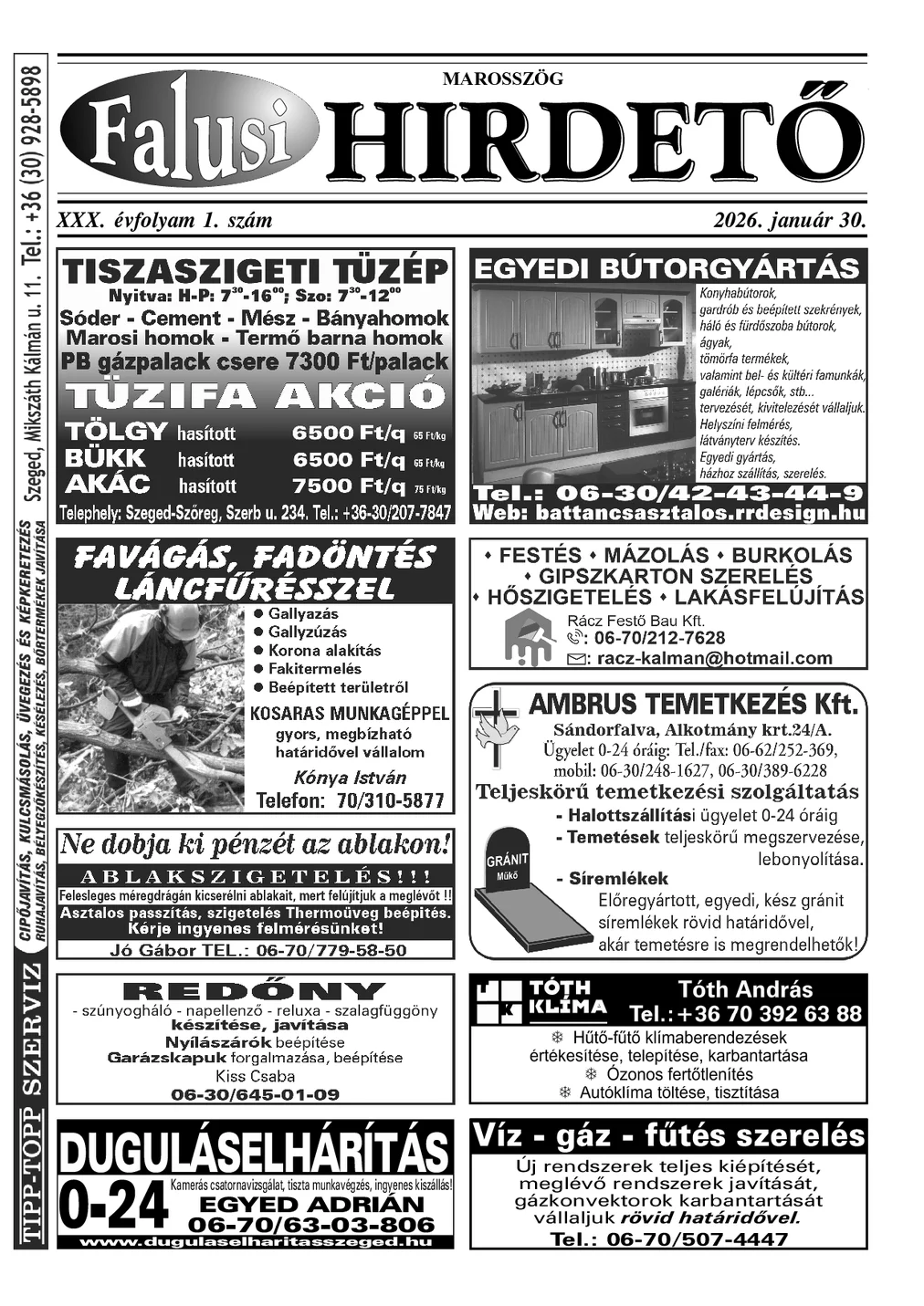 A Falusi Hirdető címlapja – Marosszög, 2026. január 30.