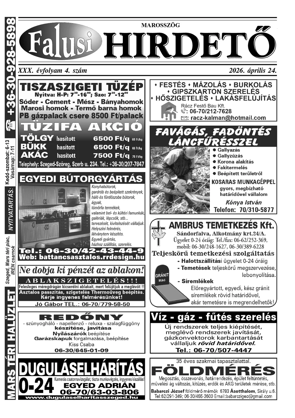 A Falusi Hirdető címlapja – Marosszög, 2026. április 24.