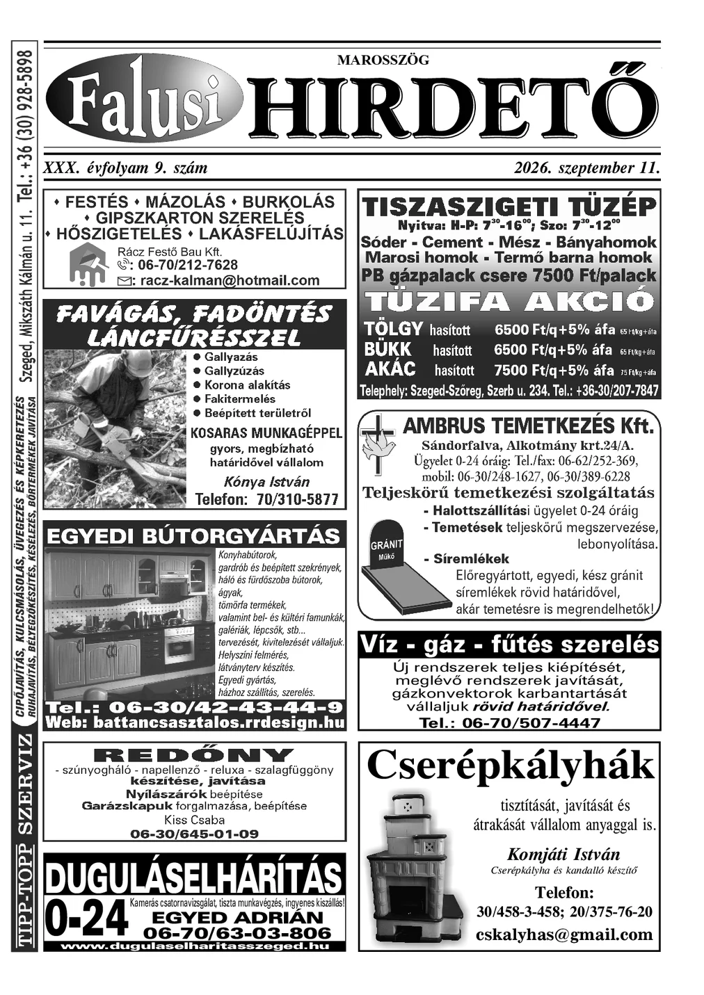 A Falusi Hirdető címlapja – Marosszög, 2026. szeptember 11.