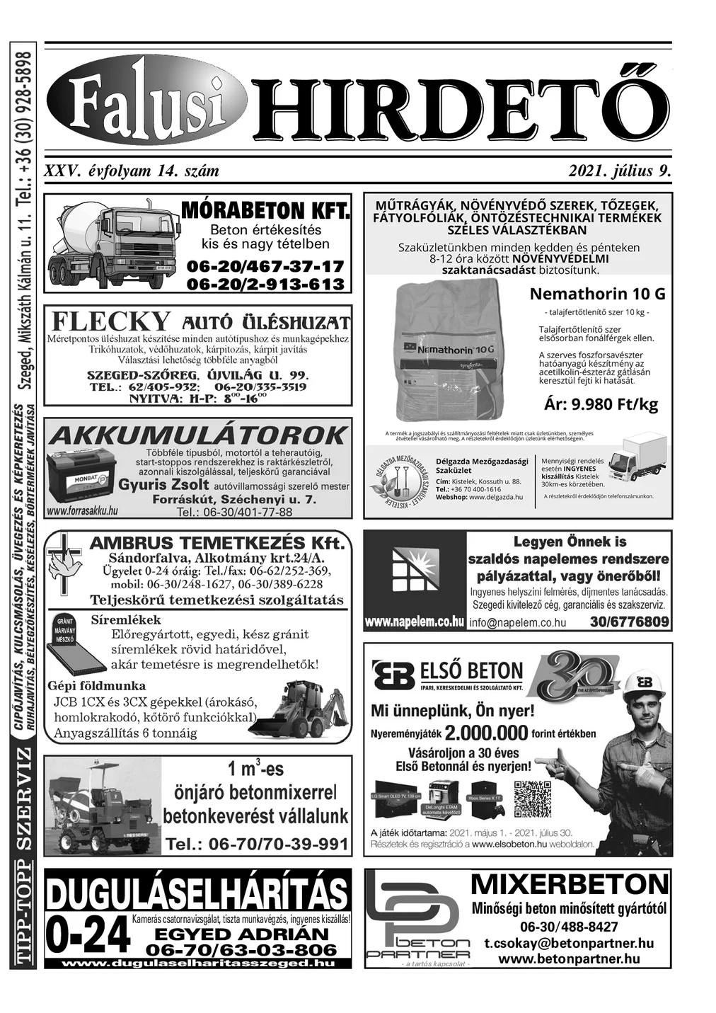 A Falusi Hirdető címlapja – Szatymaz környéke, 2021. július 9.