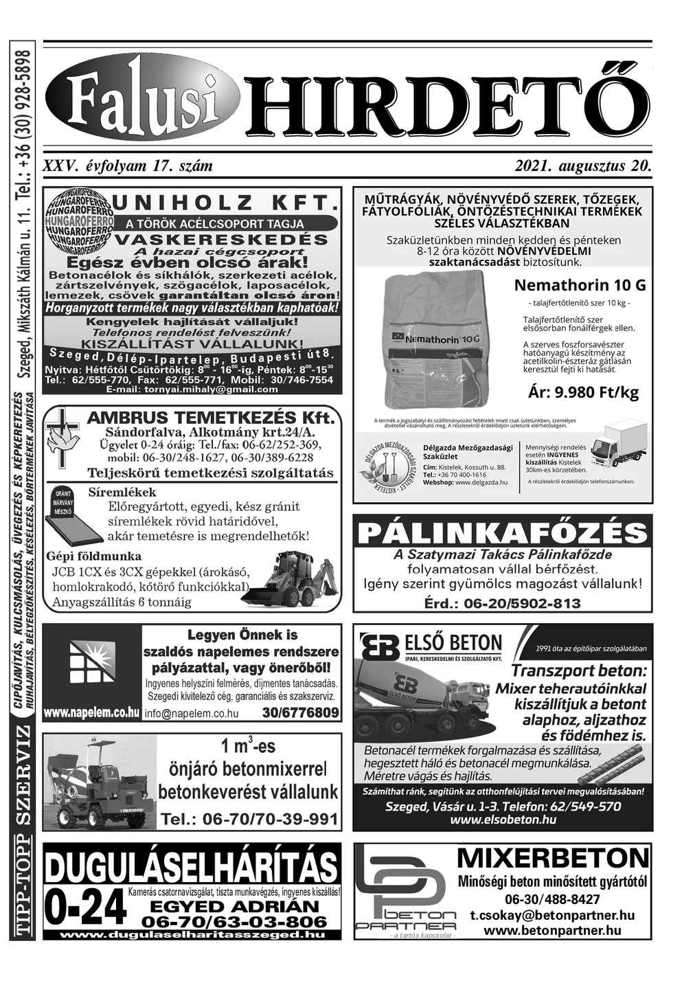 A Falusi Hirdető címlapja – Szatymaz környéke, 2021. augusztus 20.