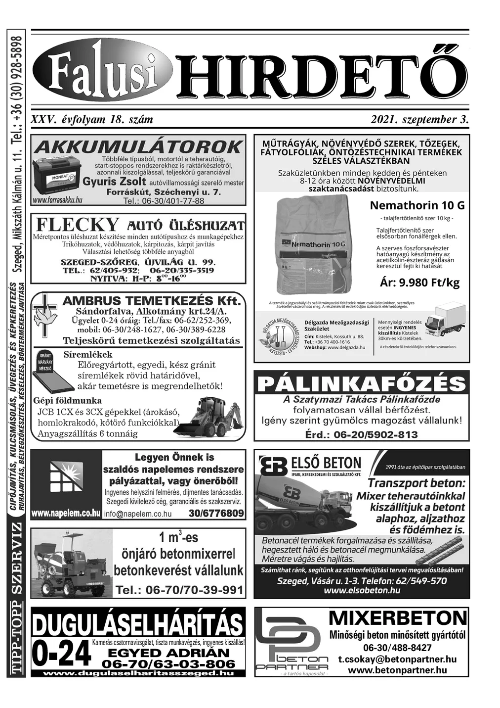 A Falusi Hirdető címlapja – Szatymaz környéke, 2021. szeptember 3.