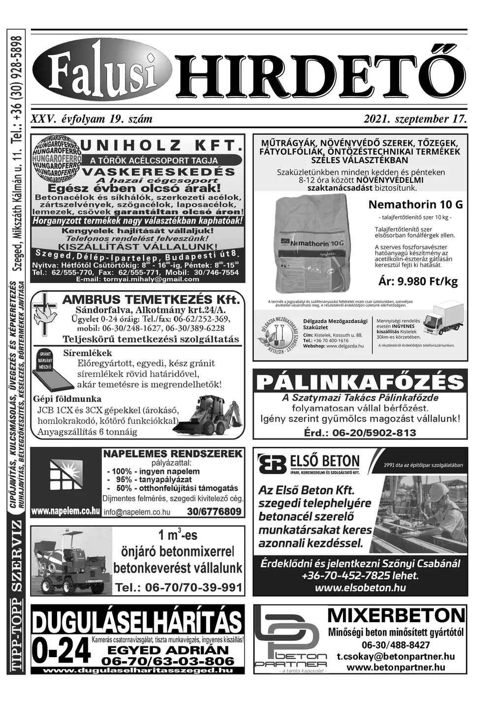 A Falusi Hirdető címlapja – Szatymaz környéke, 2021. szeptember 17.