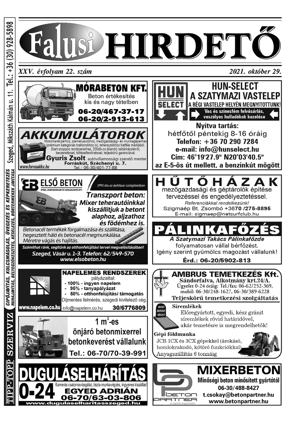 A Falusi Hirdető címlapja – Szatymaz környéke, 2021. október 29.