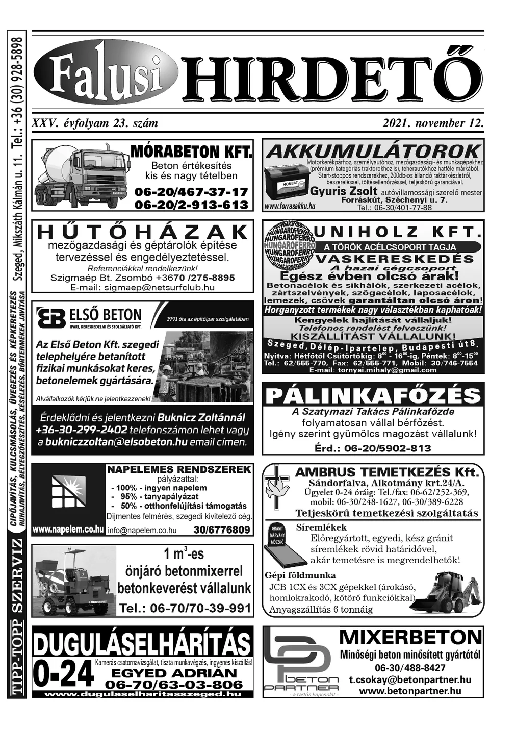 A Falusi Hirdető címlapja – Szatymaz környéke, 2021. november 12.