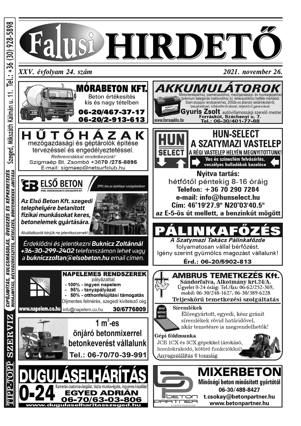 A Falusi Hirdető címlapja – Szatymaz környéke, 2021. november 26.