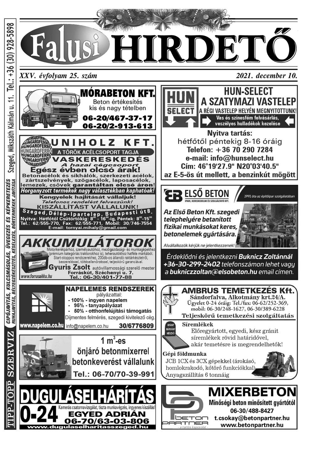 A Falusi Hirdető címlapja – Szatymaz környéke, 2021. december 10.
