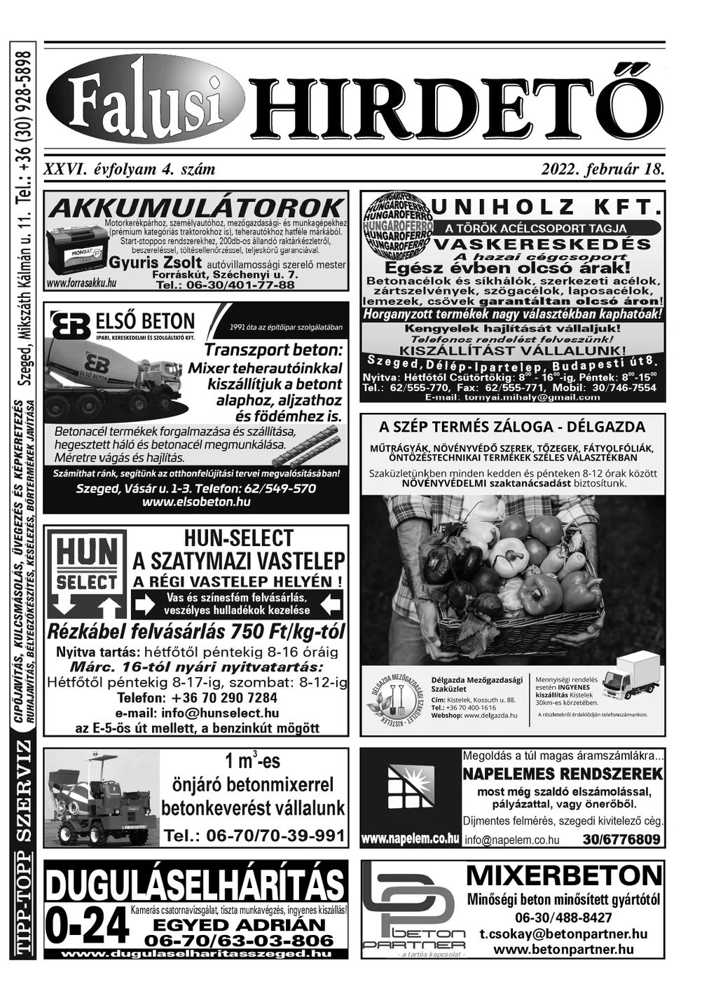 A Falusi Hirdető címlapja – Szatymaz környéke, 2022. február 18.