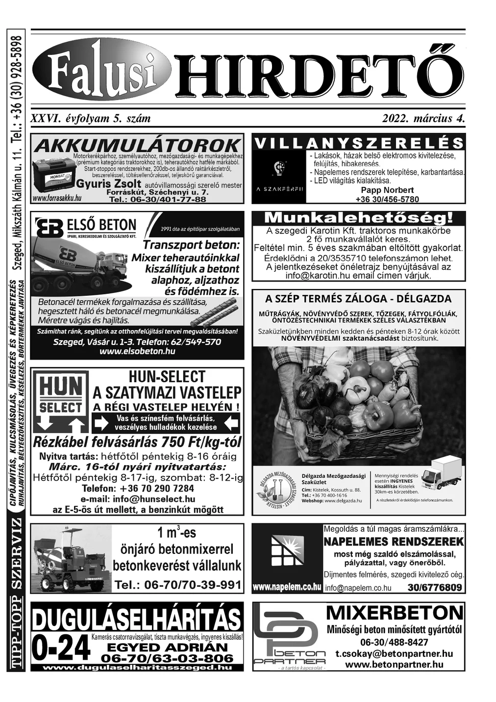 A Falusi Hirdető címlapja – Szatymaz környéke, 2022. március 4.
