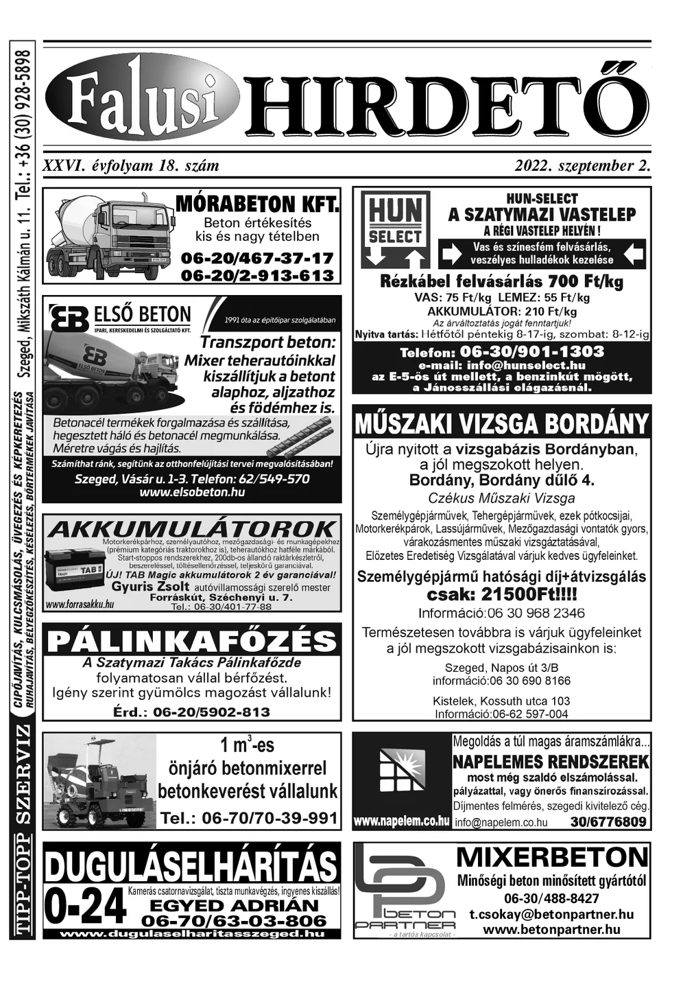A Falusi Hirdető címlapja – Szatymaz környéke, 2022. szeptember 2.