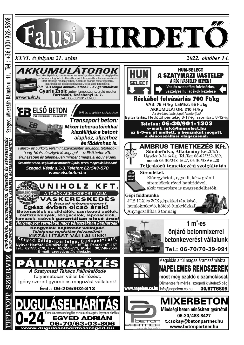 A Falusi Hirdető címlapja – Szatymaz környéke, 2022. október 14.