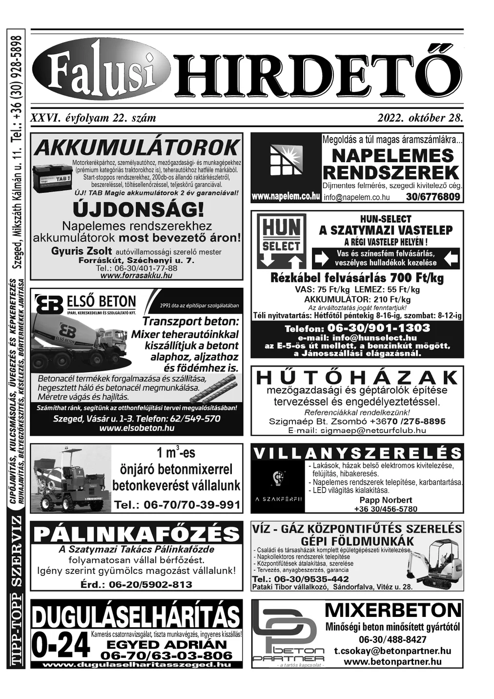 A Falusi Hirdető címlapja – Szatymaz környéke, 2022. október 28.