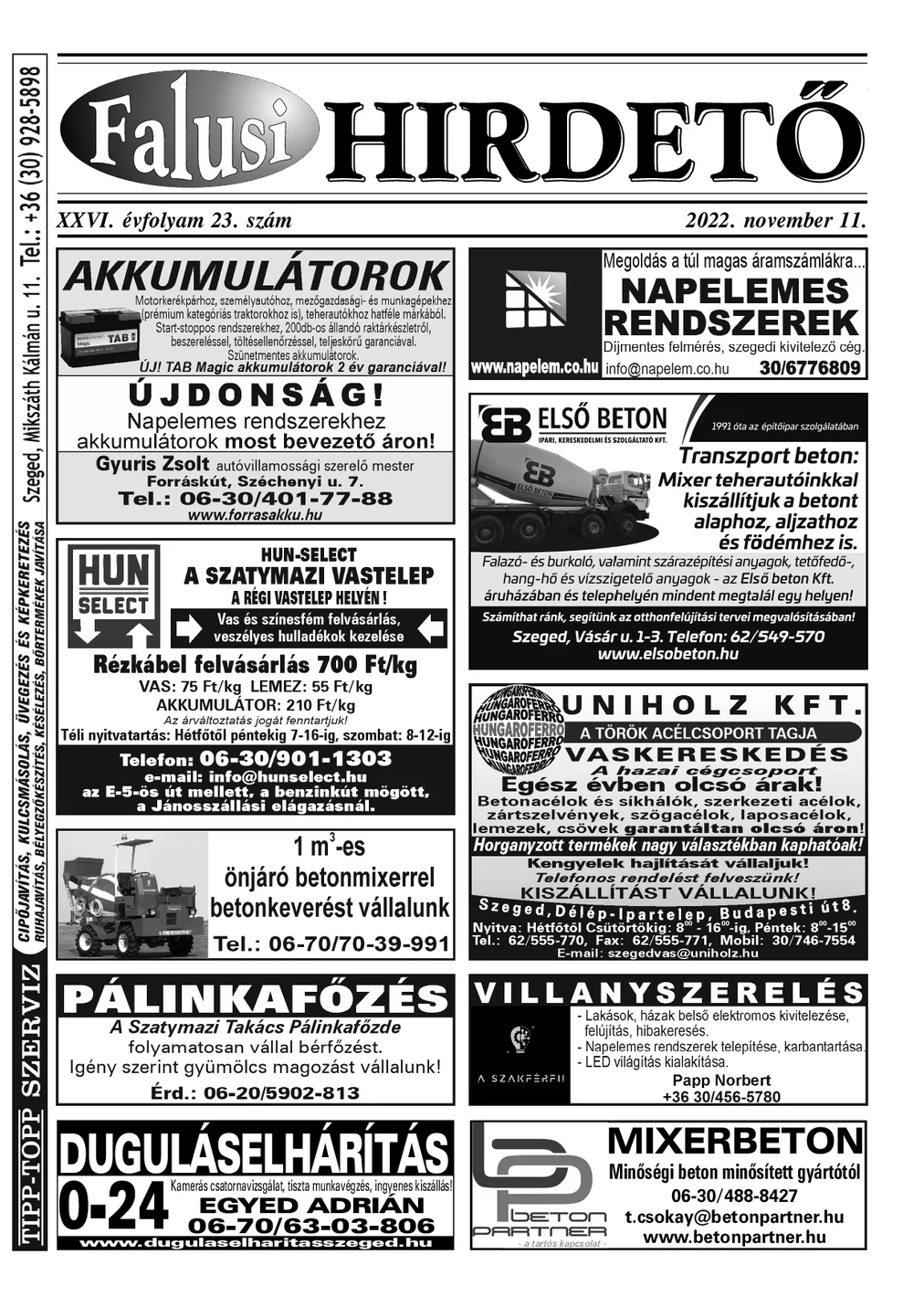 A Falusi Hirdető címlapja – Szatymaz környéke, 2022. november 11.