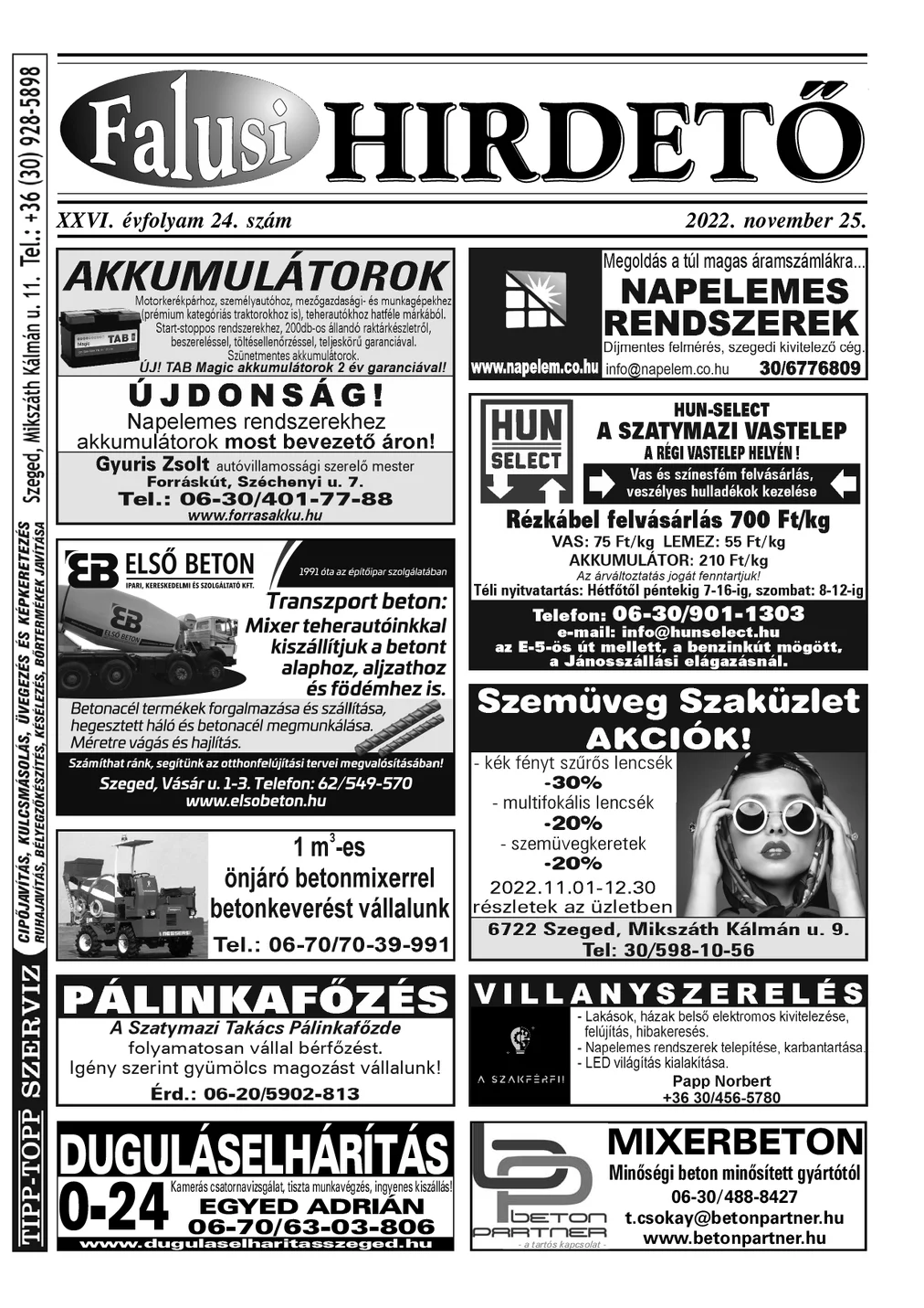 A Falusi Hirdető címlapja – Szatymaz környéke, 2022. november 25.