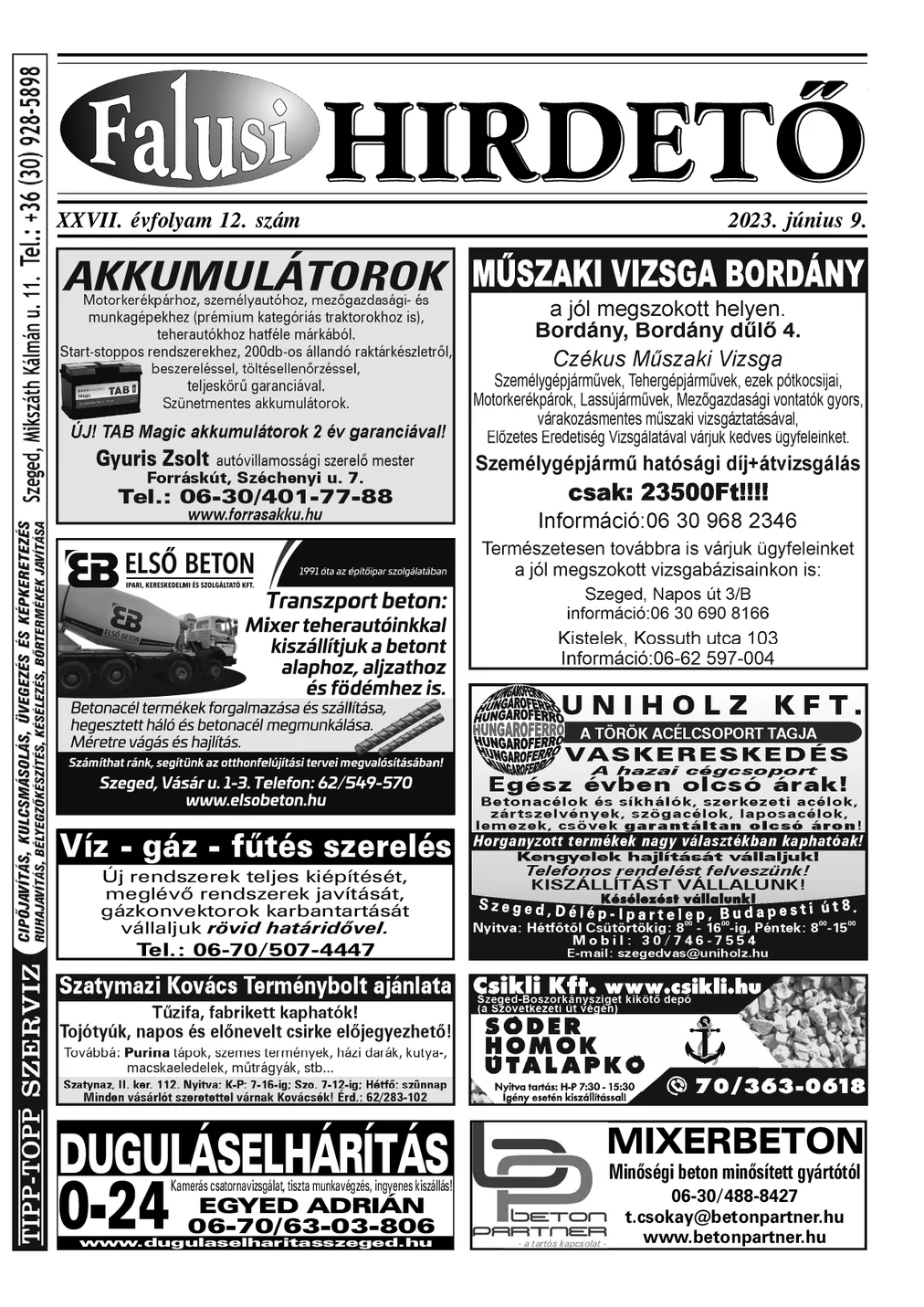 A Falusi Hirdető címlapja – Szatymaz környéke, 2023. június 9.