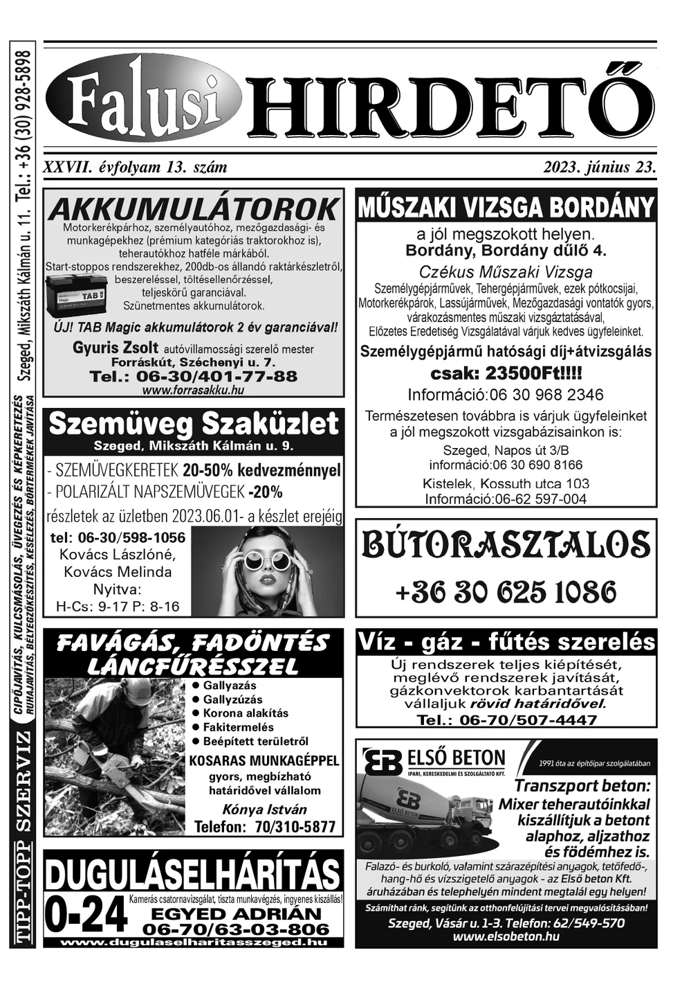 A Falusi Hirdető címlapja – Szatymaz környéke, 2023. június 23.