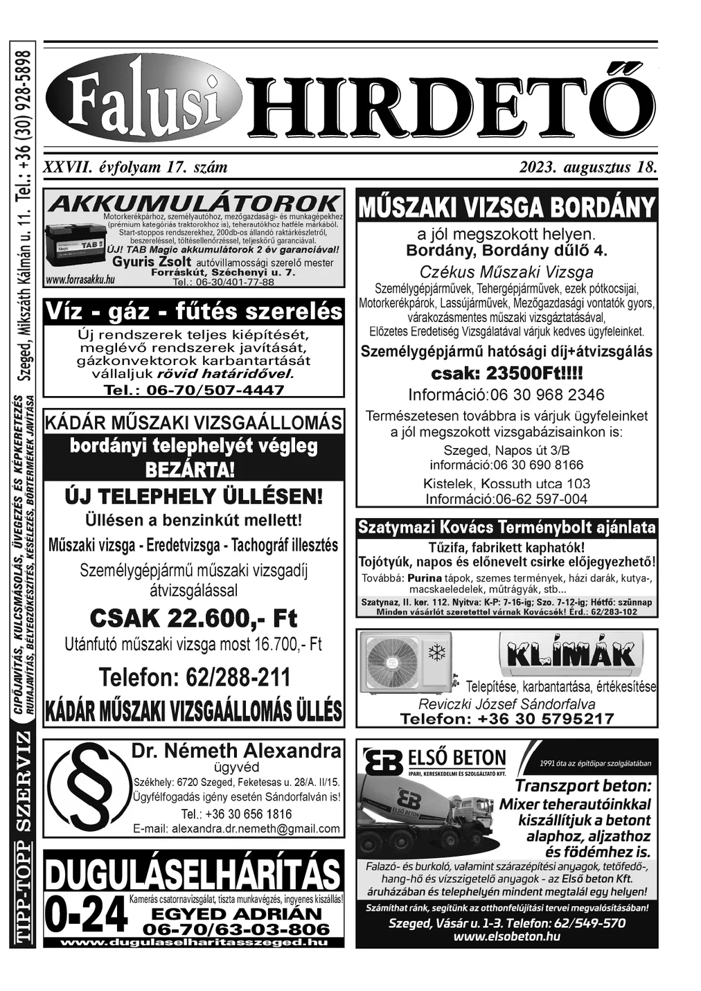 A Falusi Hirdető címlapja – Szatymaz környéke, 2023. augusztus 18.