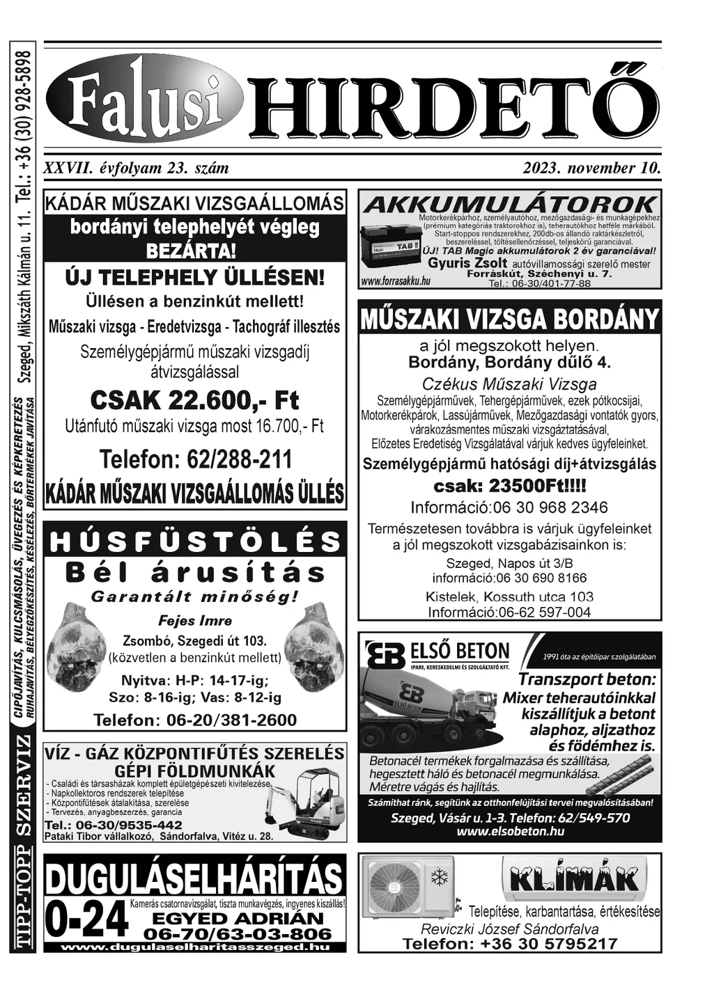 A Falusi Hirdető címlapja – Szatymaz környéke, 2023. november 10.