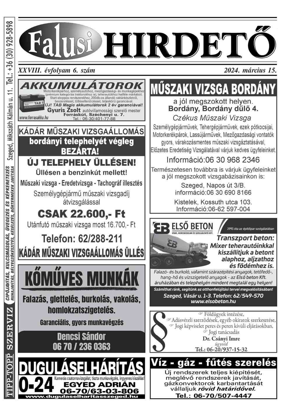 A Falusi Hirdető címlapja – Szatymaz környéke, 2024. március 15.