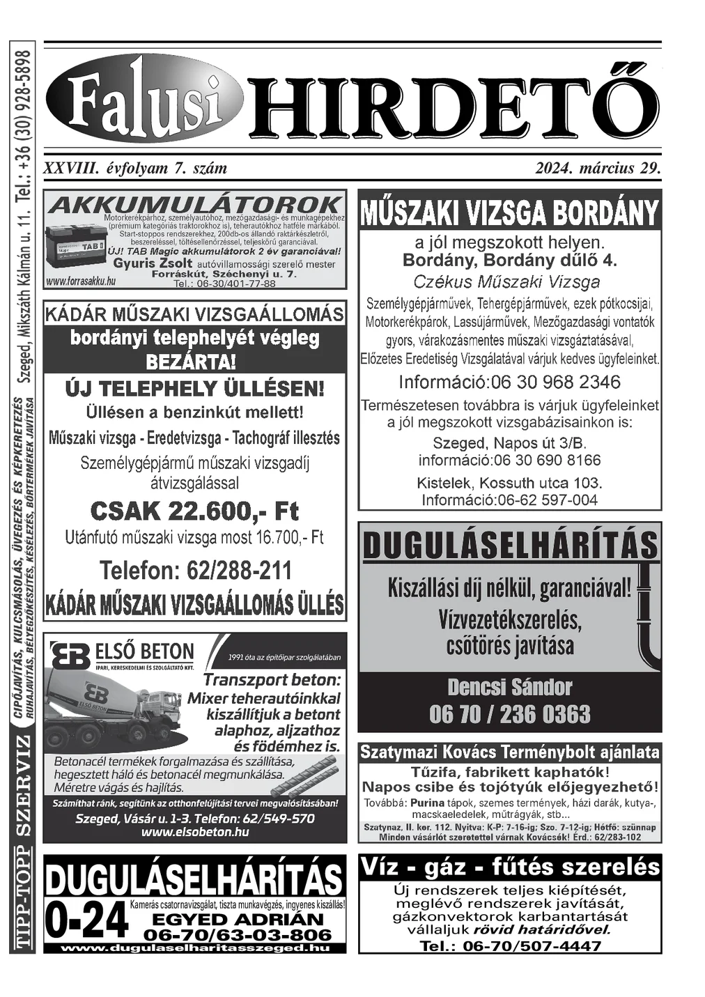 A Falusi Hirdető címlapja – Szatymaz környéke, 2024. március 29.