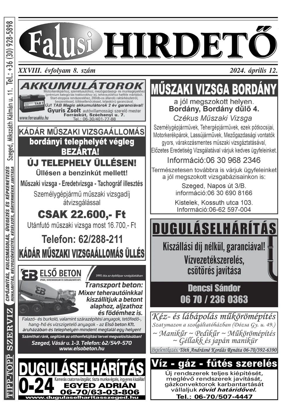 A Falusi Hirdető címlapja – Szatymaz környéke, 2024. április 12.