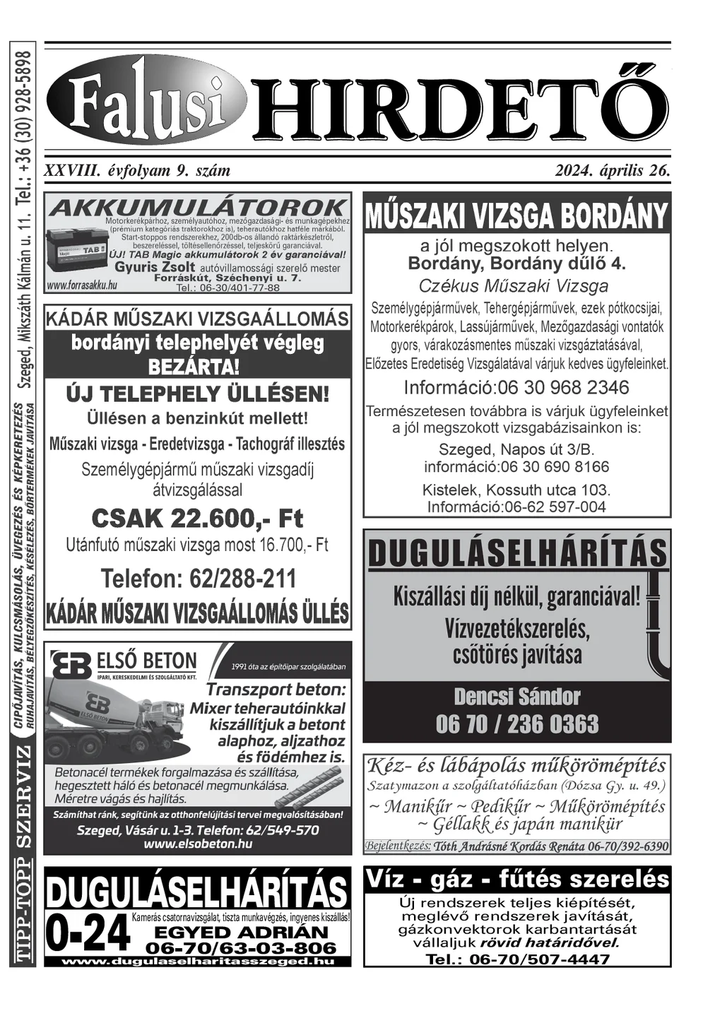 A Falusi Hirdető címlapja – Szatymaz környéke, 2024. április 26.