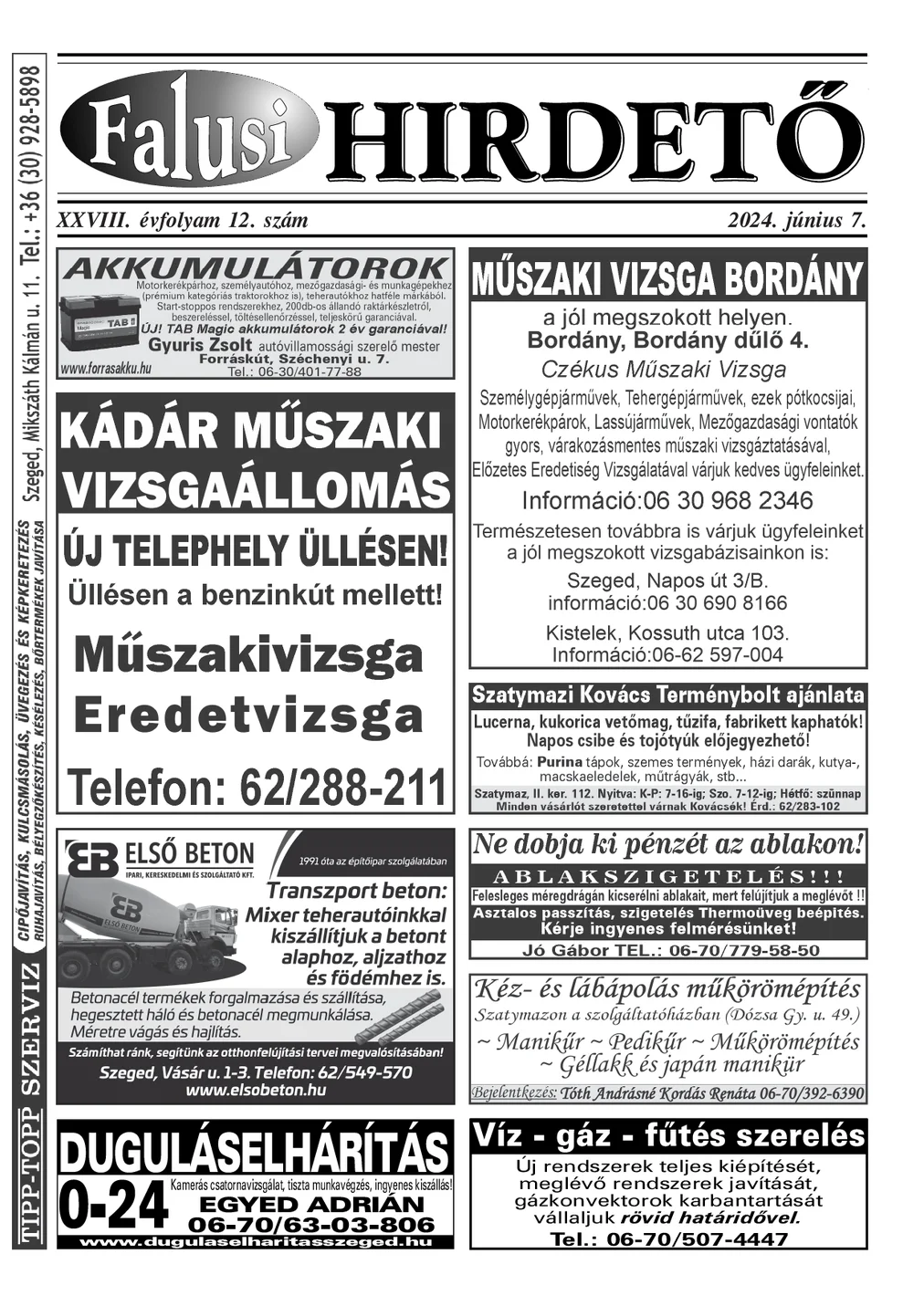 A Falusi Hirdető címlapja – Szatymaz környéke, 2024. június 7.