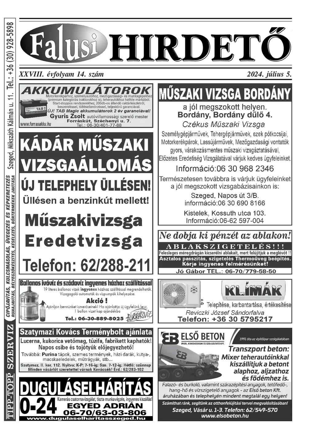 A Falusi Hirdető címlapja – Szatymaz környéke, 2024. július 5.