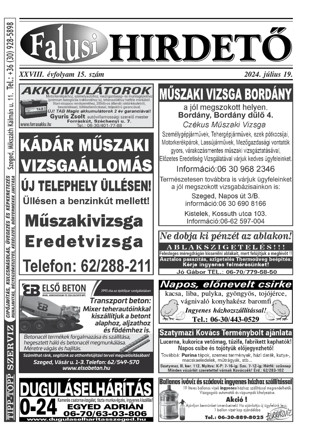 A Falusi Hirdető címlapja – Szatymaz környéke, 2024. július 19.