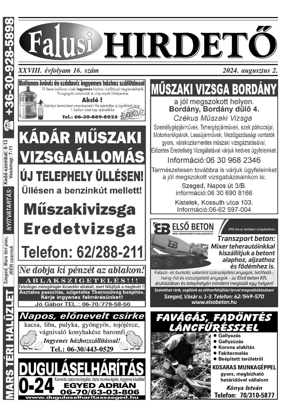A Falusi Hirdető címlapja – Szatymaz környéke, 2024. augusztus 2.