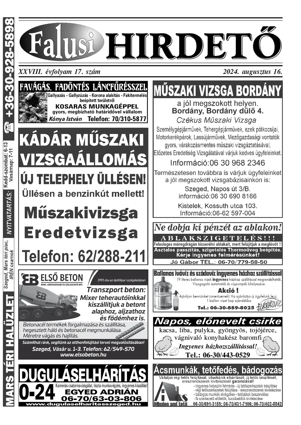 A Falusi Hirdető címlapja – Szatymaz környéke, 2024. augusztus 16.
