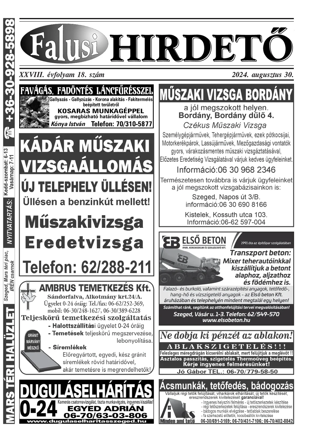 A Falusi Hirdető címlapja – Szatymaz környéke, 2024. augusztus 30.