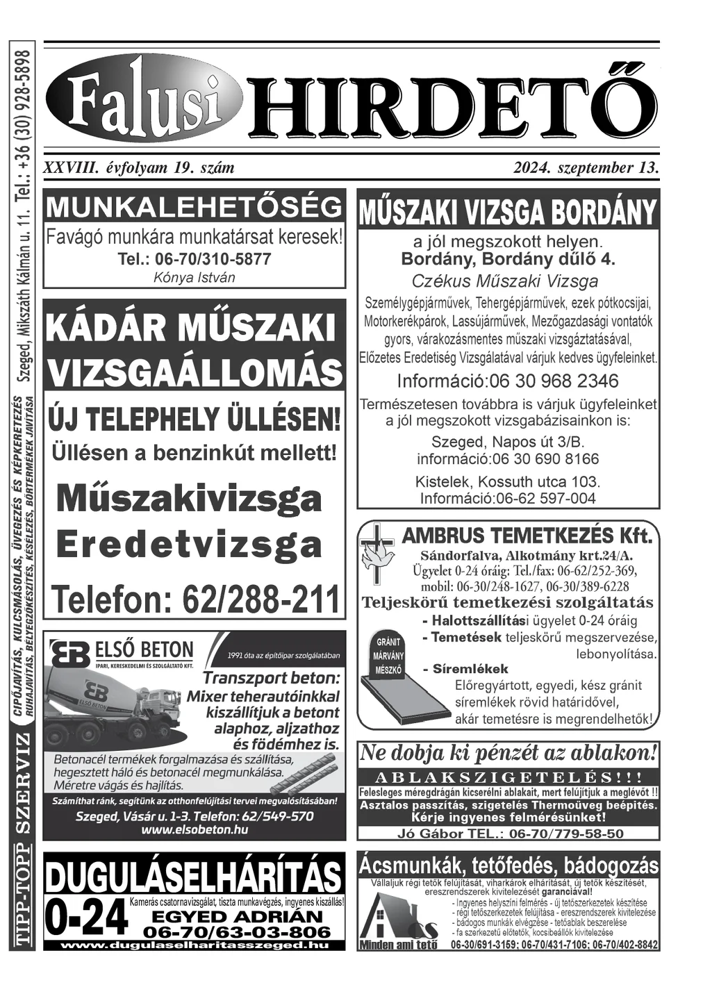 A Falusi Hirdető címlapja – Szatymaz környéke, 2024. szeptember 13.