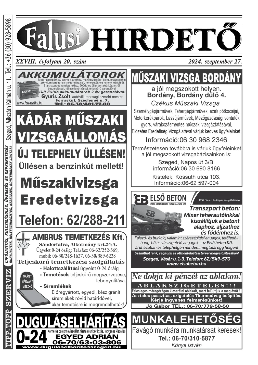A Falusi Hirdető címlapja – Szatymaz környéke, 2024. szeptember 27.