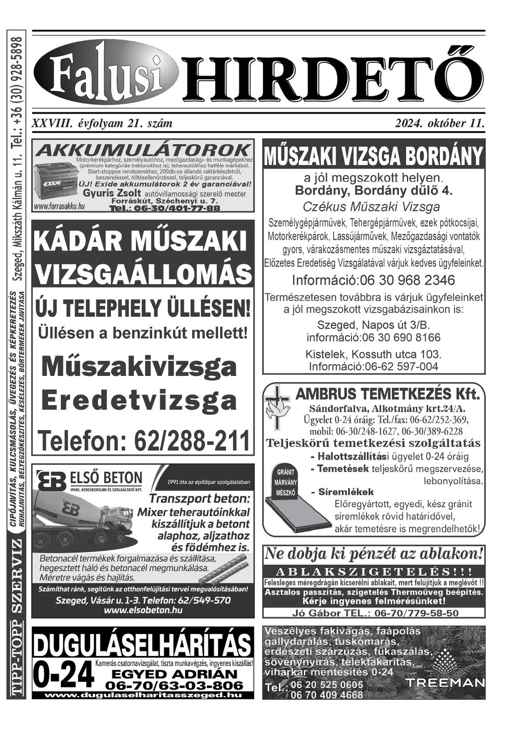 A Falusi Hirdető címlapja – Szatymaz környéke, 2024. október 11.
