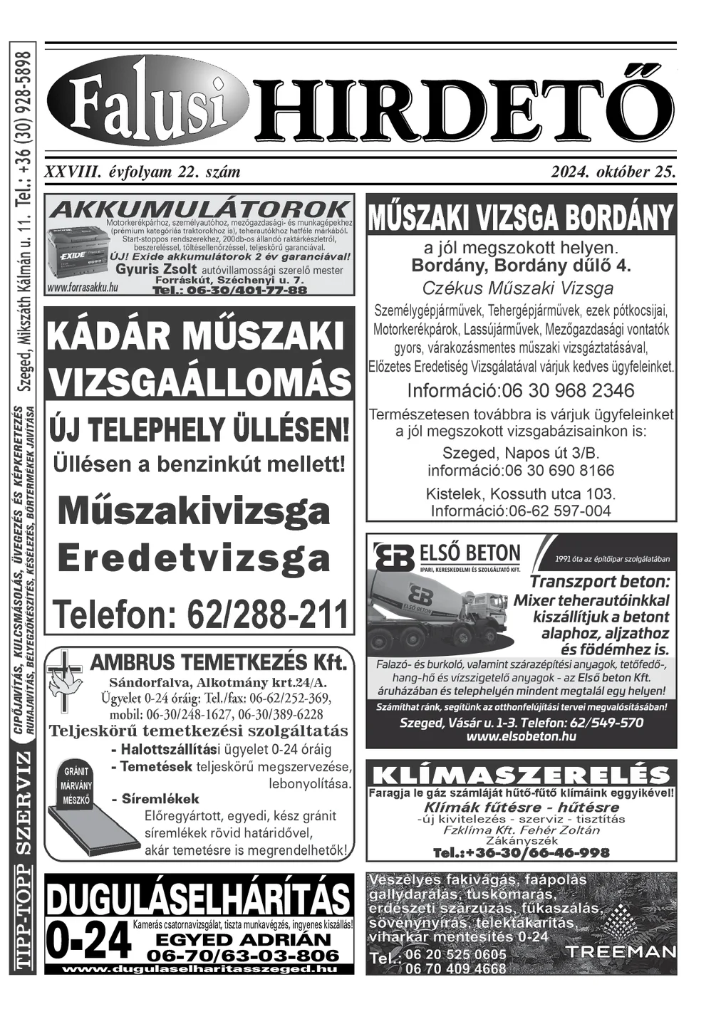 A Falusi Hirdető címlapja – Szatymaz környéke, 2024. október 25.