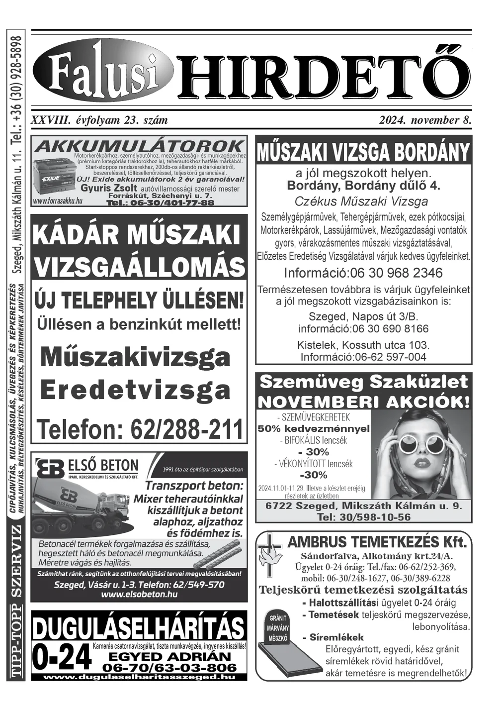 A Falusi Hirdető címlapja – Szatymaz környéke, 2024. november 8.