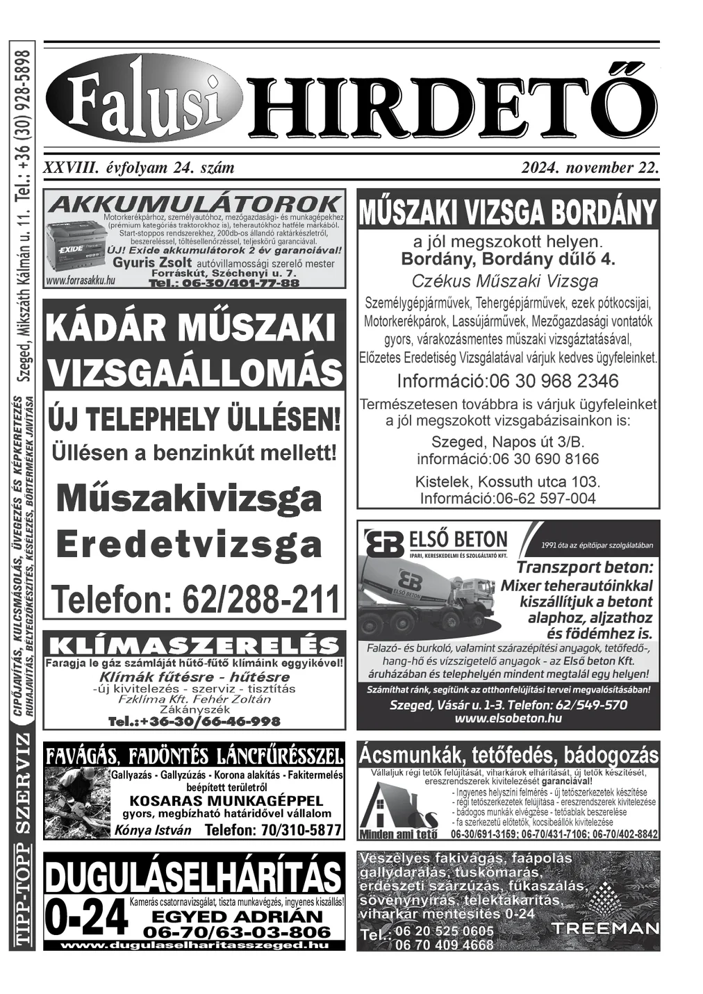 A Falusi Hirdető címlapja – Szatymaz környéke, 2024. november 22.