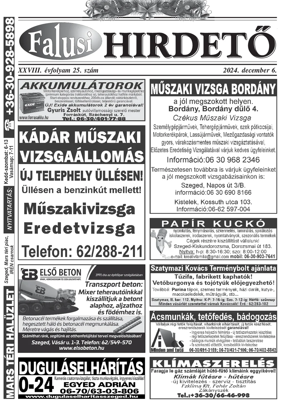 A Falusi Hirdető címlapja – Szatymaz környéke, 2024. december 6.