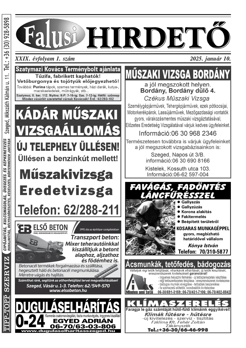 A Falusi Hirdető címlapja – Szatymaz környéke, 2025. január 10.