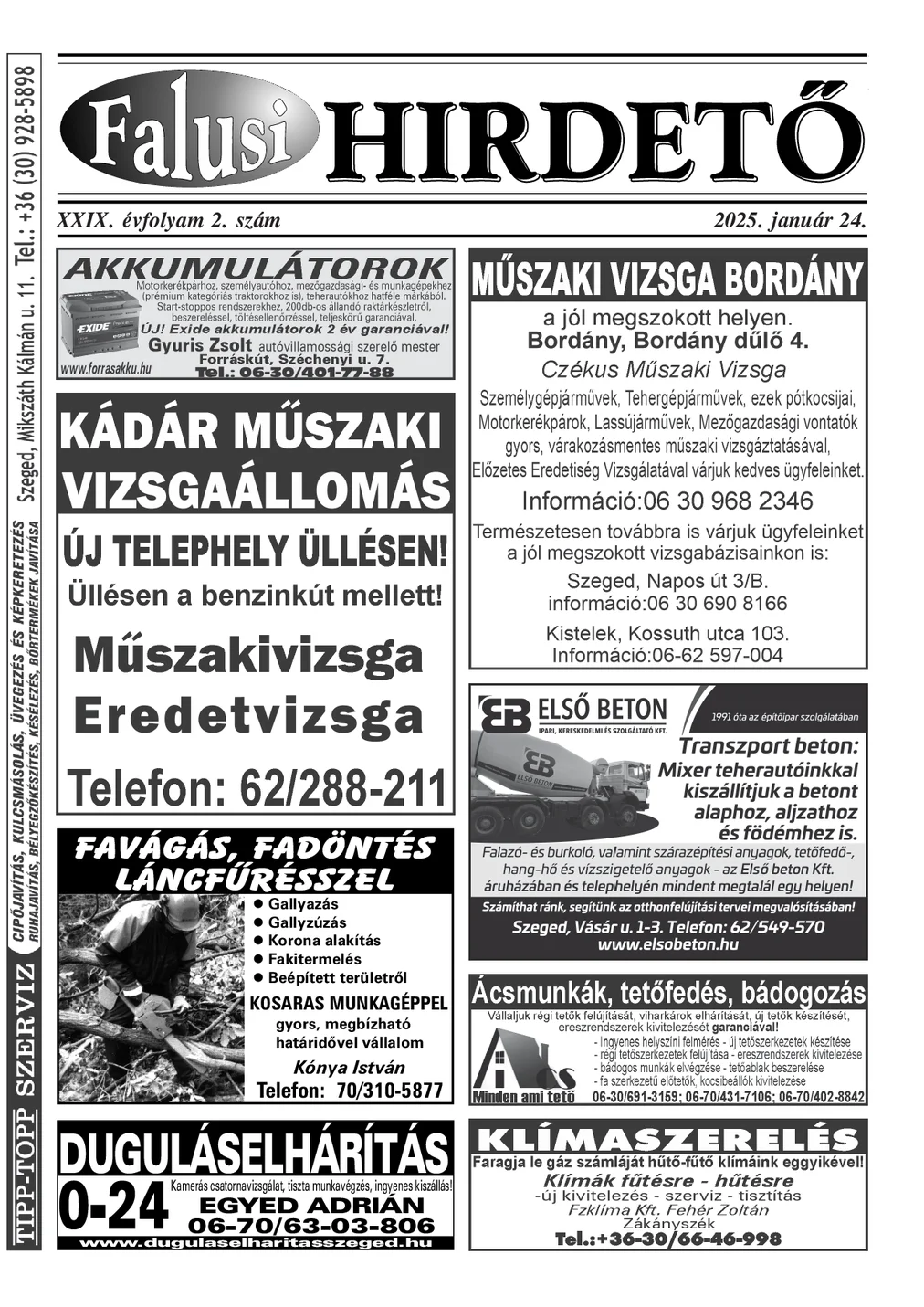 A Falusi Hirdető címlapja – Szatymaz környéke, 2025. január 24.