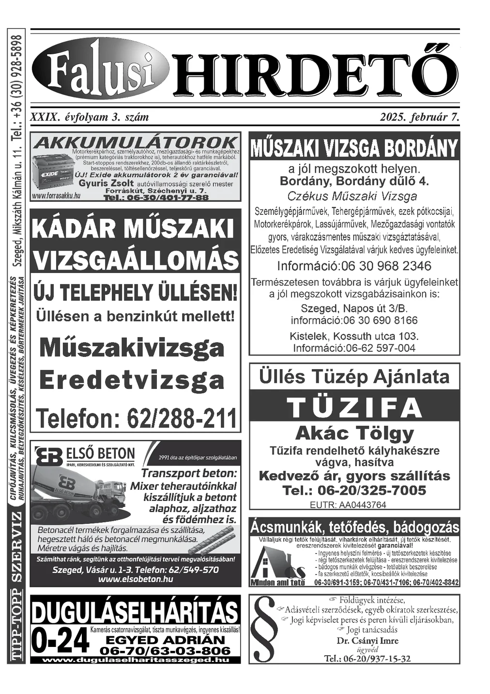 A Falusi Hirdető címlapja – Szatymaz környéke, 2025. február 7.