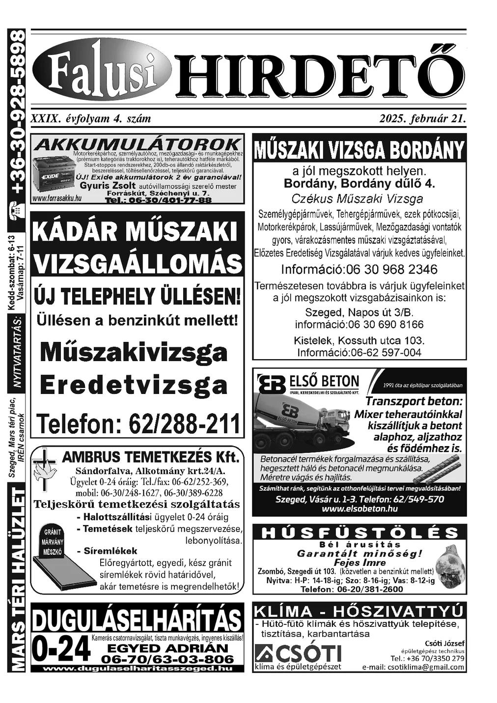 A Falusi Hirdető címlapja – Szatymaz környéke, 2025. február 21.