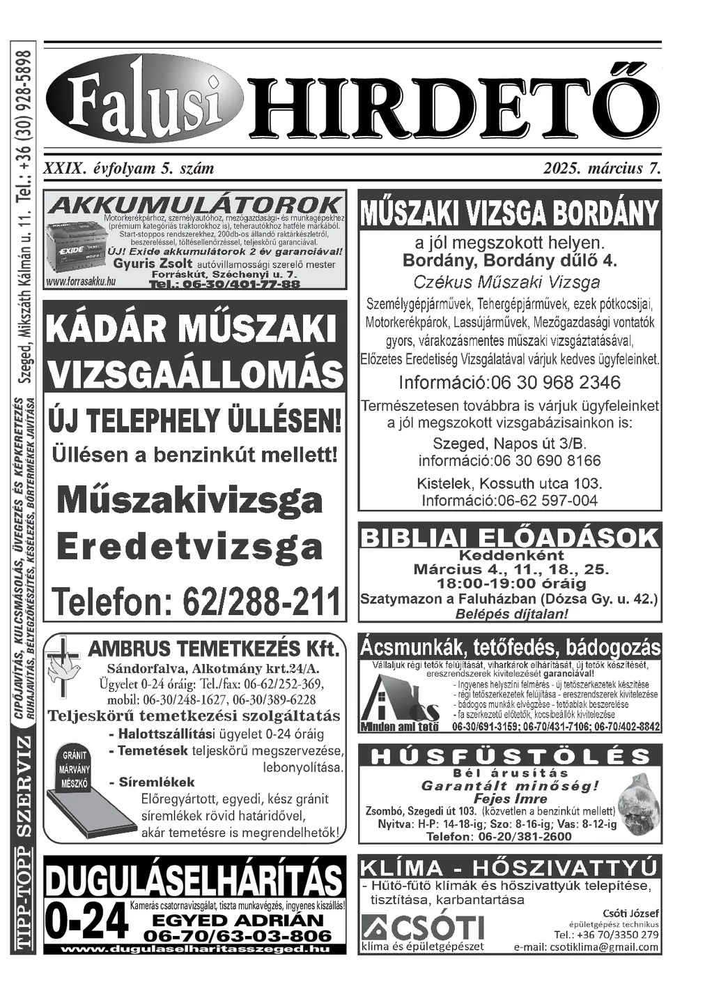A Falusi Hirdető címlapja – Szatymaz környéke, 2025. március 7.