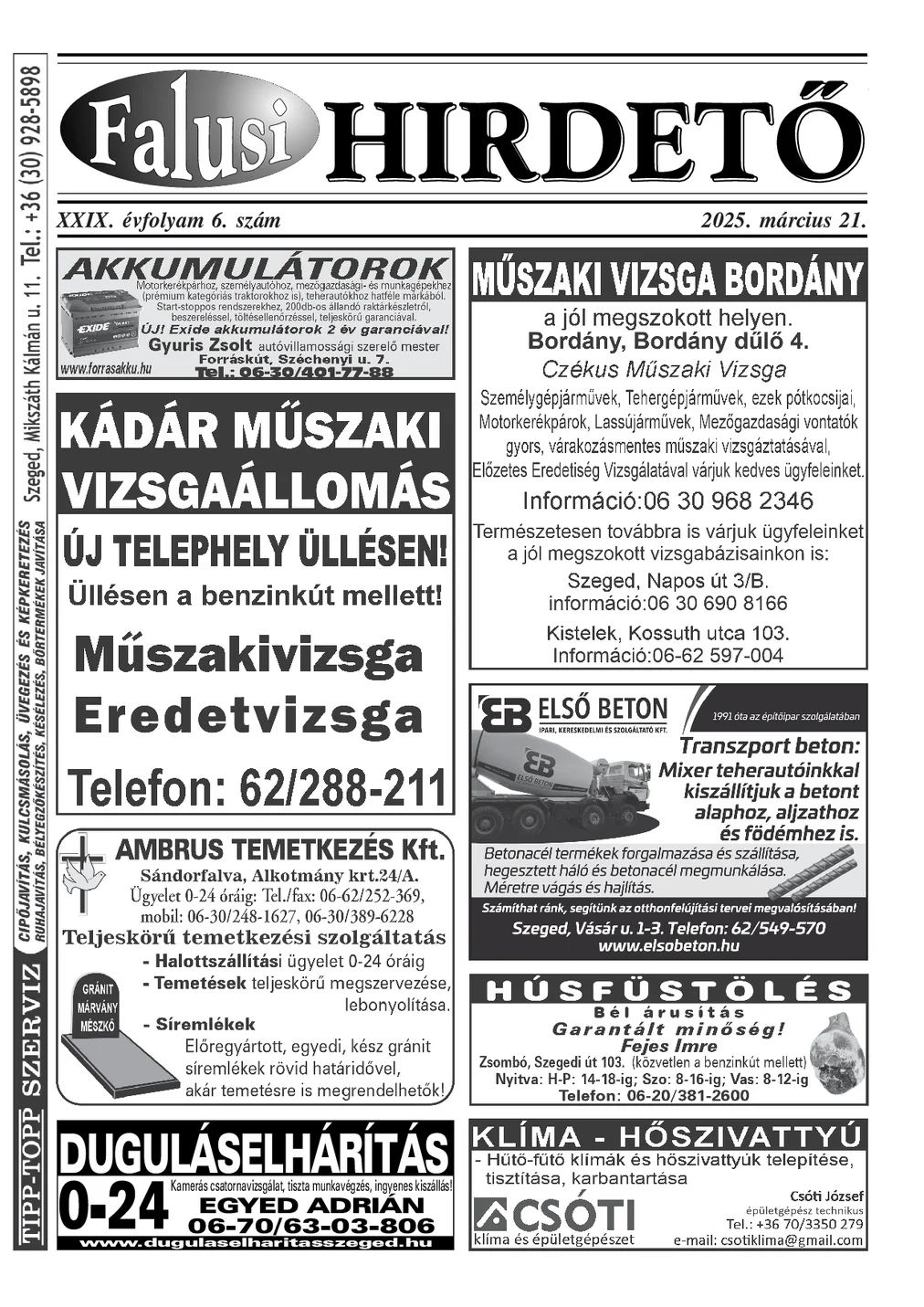 A Falusi Hirdető címlapja – Szatymaz környéke, 2025. március 21.