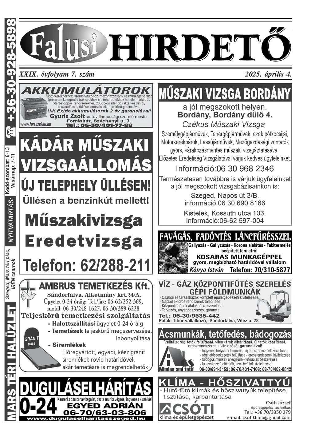 A Falusi Hirdető címlapja – Szatymaz környéke, 2025. április 4.