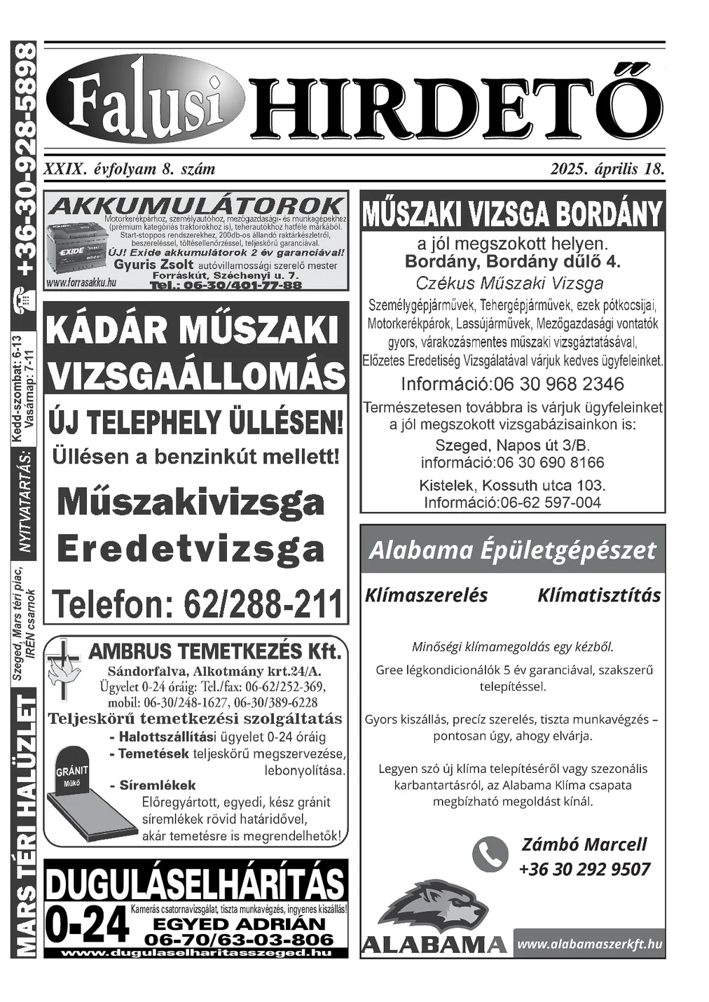 A Falusi Hirdető címlapja – Szatymaz környéke, 2025. április 18.