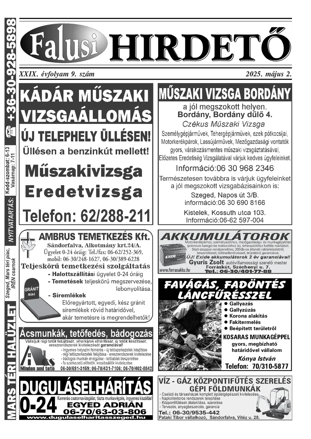 A Falusi Hirdető címlapja – Szatymaz környéke, 2025. május 2.